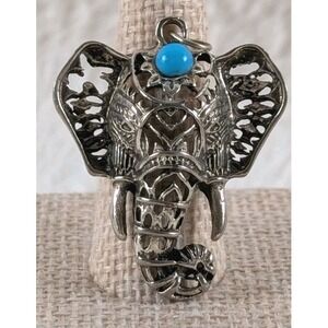 Silver Tone Filigree‎ Elephant Pendant Turquoise Cabochon Boho Tribal Jewelry